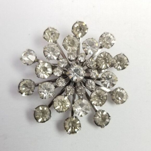 Vintage Coro Silver Tone Rhinestone Starburst Snowflake Brooch Lapel Pin, Signed - Picture 2 of 7